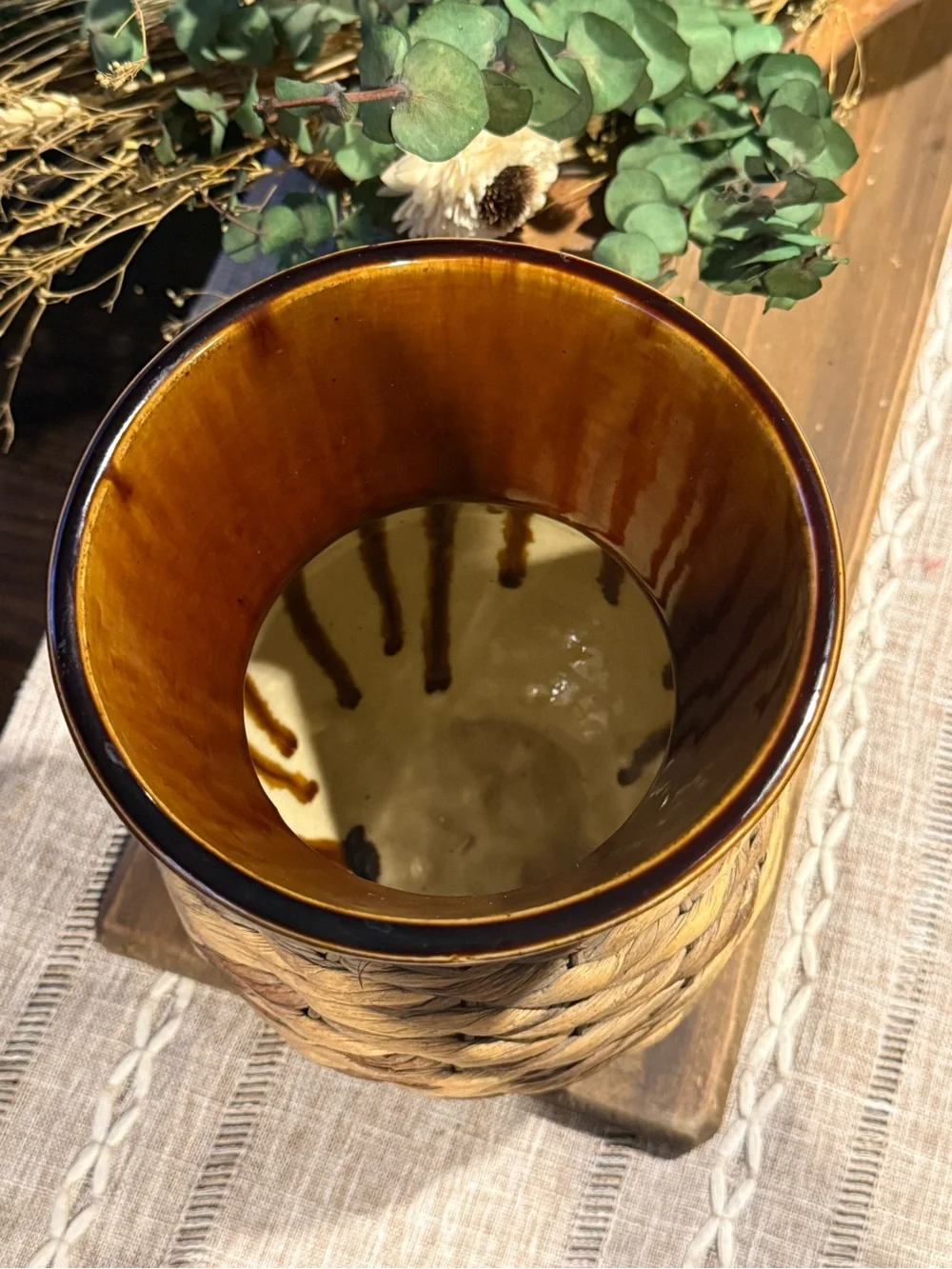 Ceramic Vase With Brown Drip Glaze And Woven Seagrass Exterior 8”